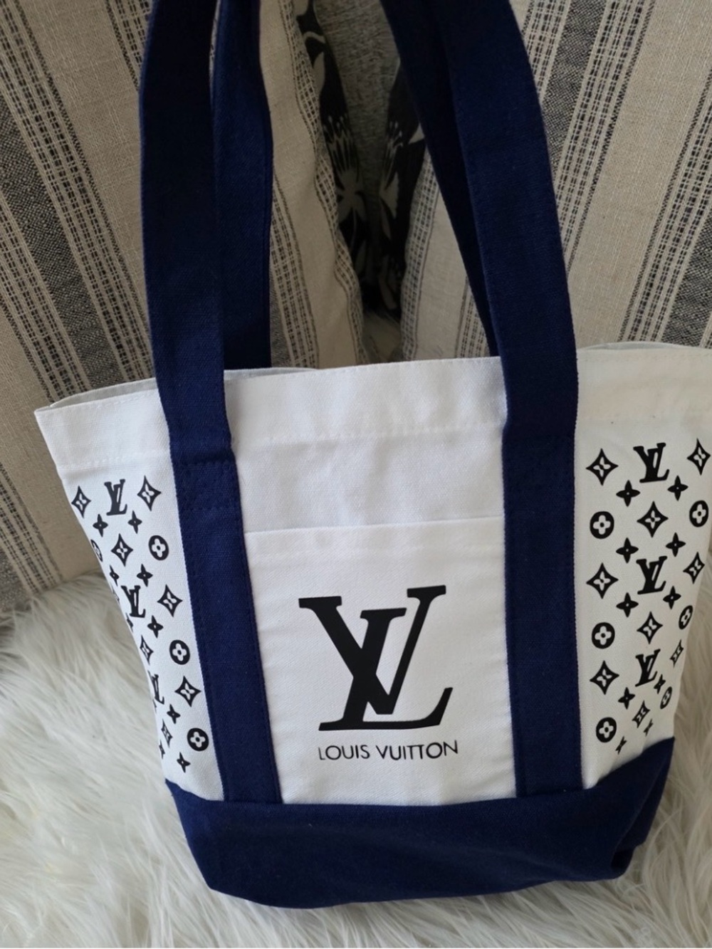 Handmade Designer White and Navy Canvas Tote Bag NWOT
